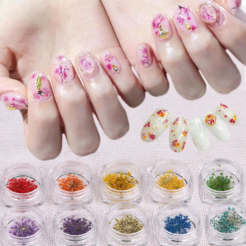 30 Flower Nail Art Designs For Inspiration With Tutorial 12 Colors Real Nail Dried Flowers Art Decoration Diy Tips With Case Small Nails