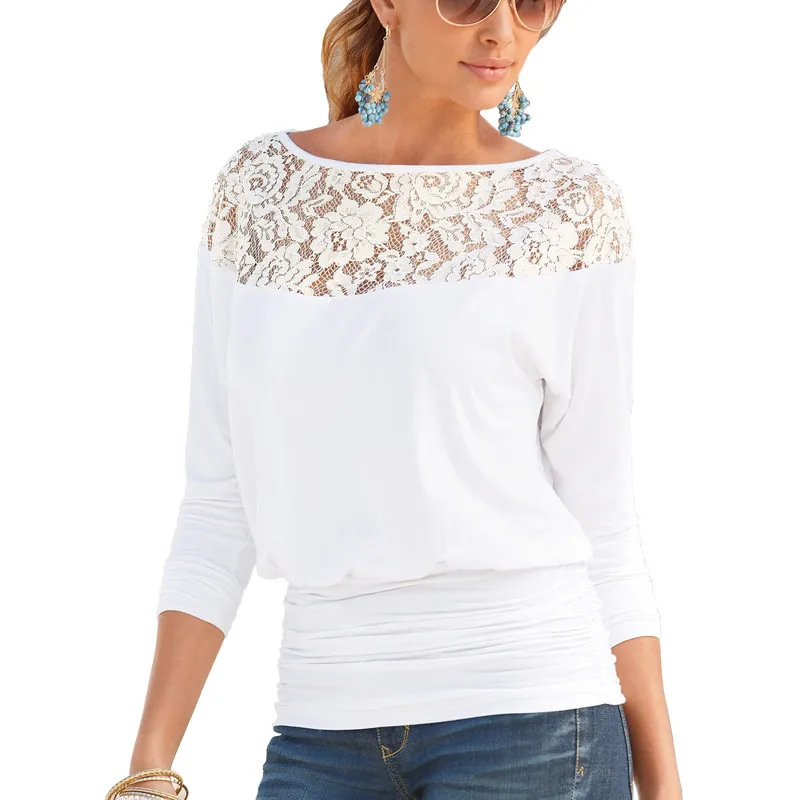 Casual Blouse O Neck Sexy Lace Splice Solid Women Blouses