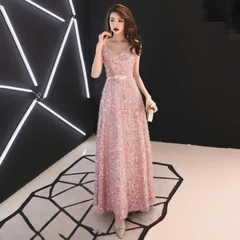 

Pink Chinese Oriental Sequins Long Cheongsam Evening Dress Elegant Princess Dresses Modern Qipao Wedding Summer Women Sexy