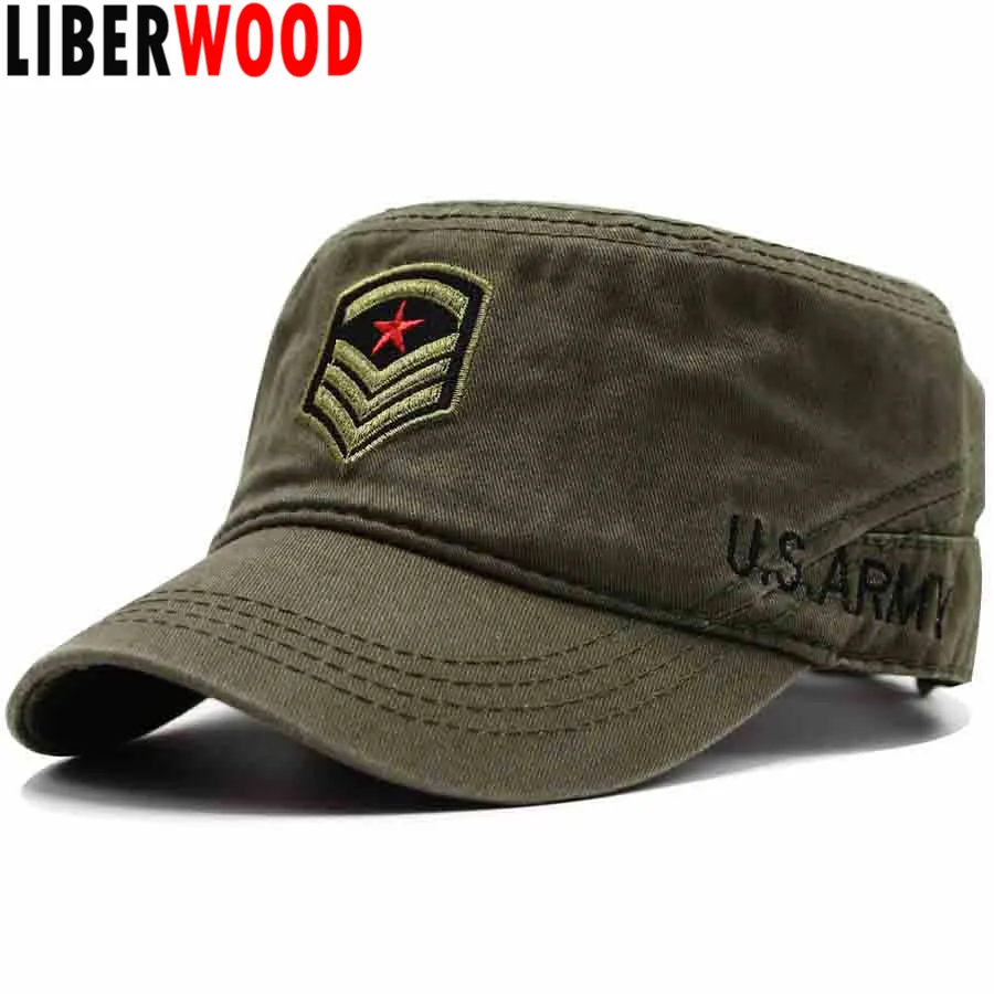 

LIBERWOOD US ARMY COMMAND SERGEANT MAJOR Rank INSIGNIA HAT MEN VINTAGE FLAT TOP HAT CAP Embroidered COTTON OD BLACK WOMEN UNISEX