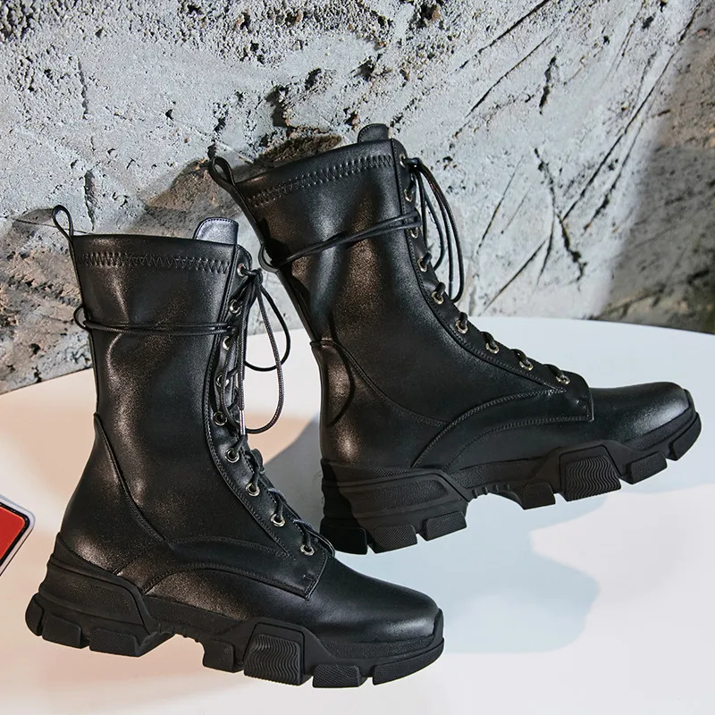 Smirnova/черные модные осенне-зимние Ботинки женские с круглым носком молния натуральная кожа сапоги с перекрестной шнуровкой классические