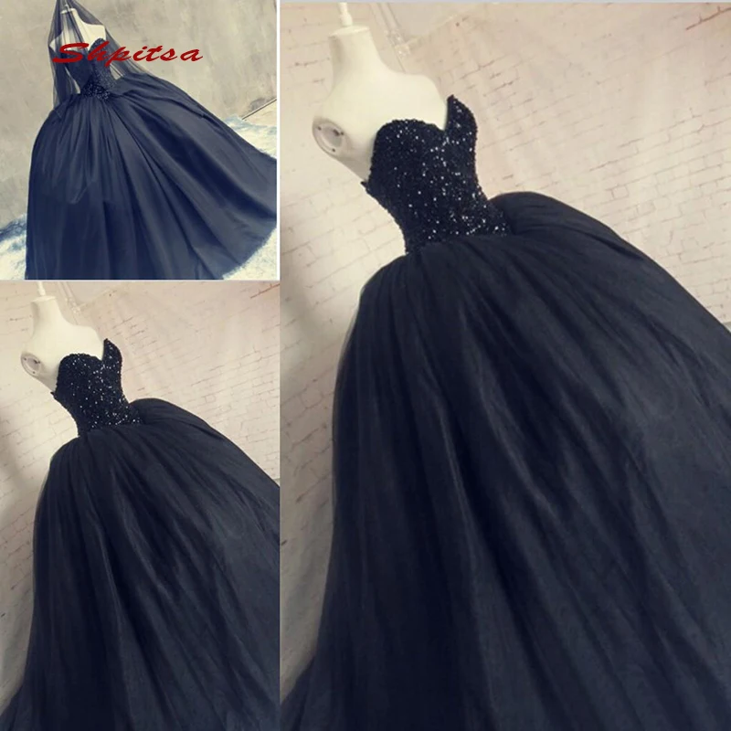 Mega Sale Black Wedding Dresses Ball Gown Tulle Crystal Sequin
