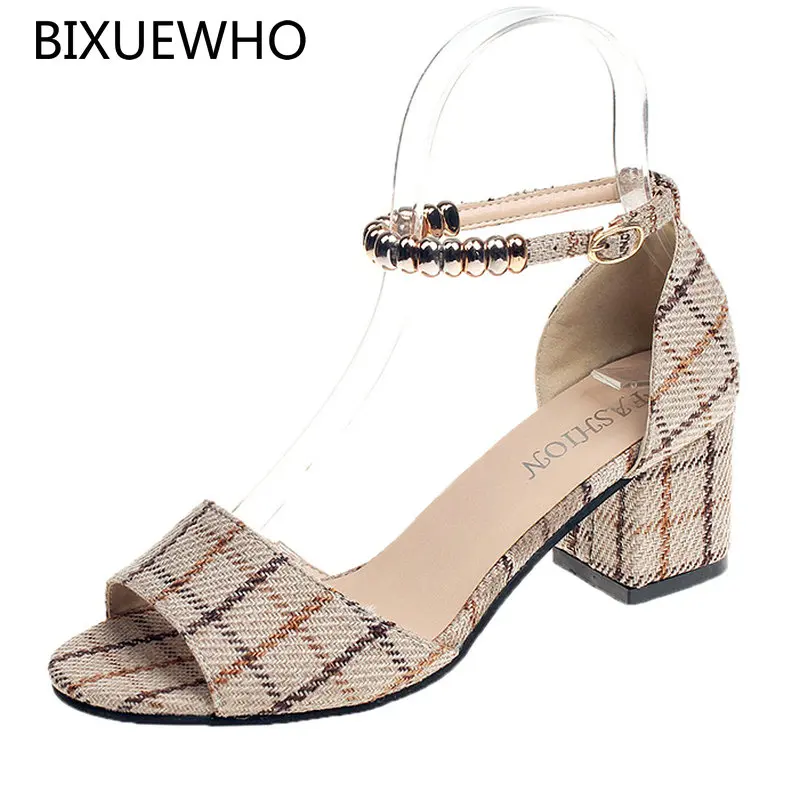 

2019 New Fashion Summer Female Sandals Women's Round Toes Square High Heels Shoes Woman Comfortable All-Macth Daily Dress Shoes