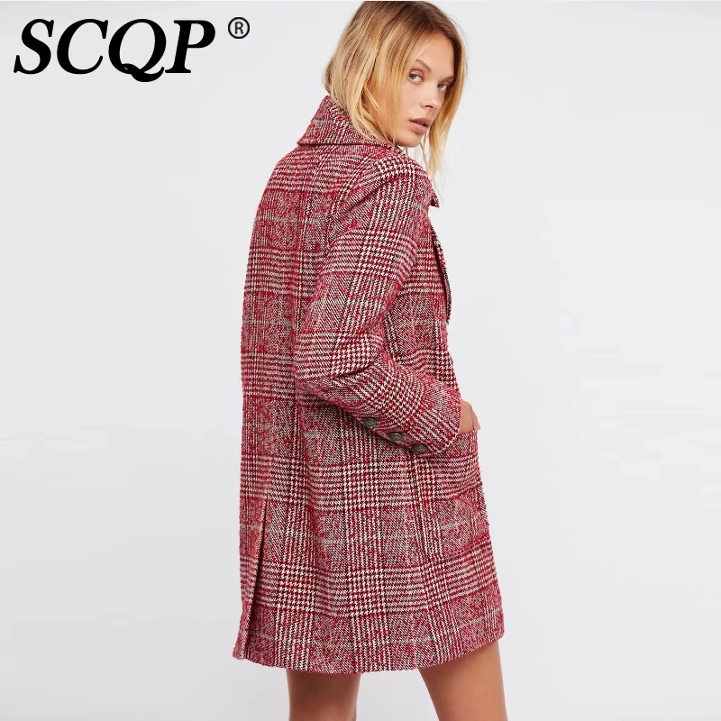 SCQP мода Красный Клетчатый Для женщин s куртка с длинным рукавом нагрудные