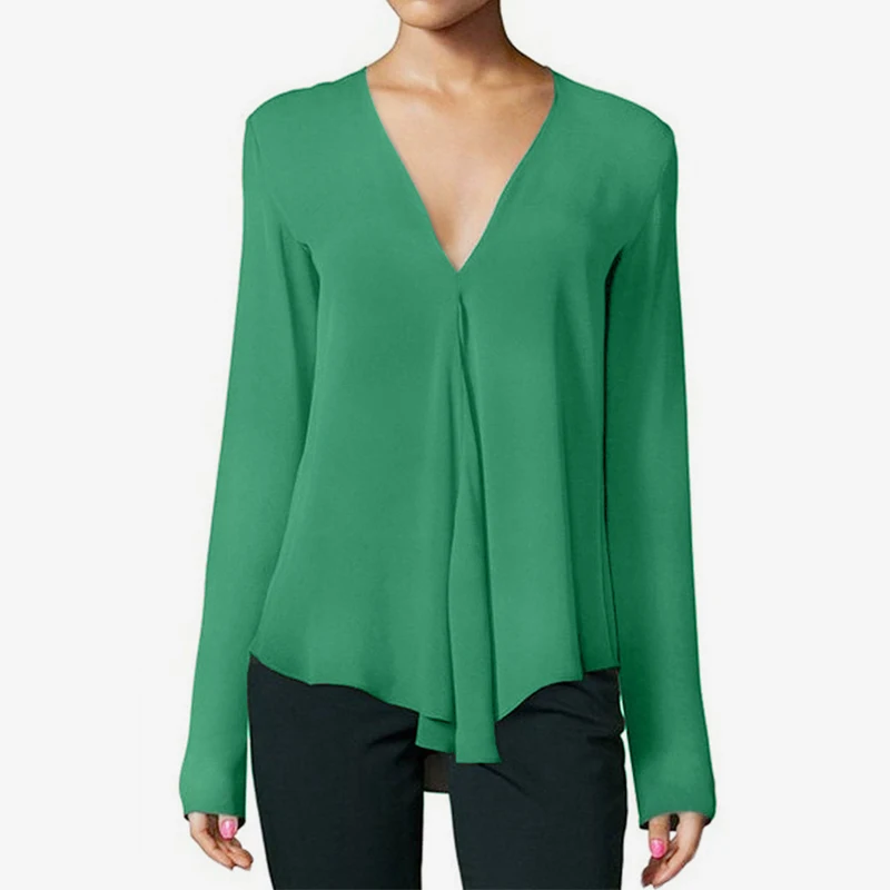 Женская шифоновая рубашка с v-образным вырезом, топ размера плюс 6XL, длинный рукав, Черная Женская блузка, лето, элегантные мягкие женские пуловеры, топы - Цвет: Grass green