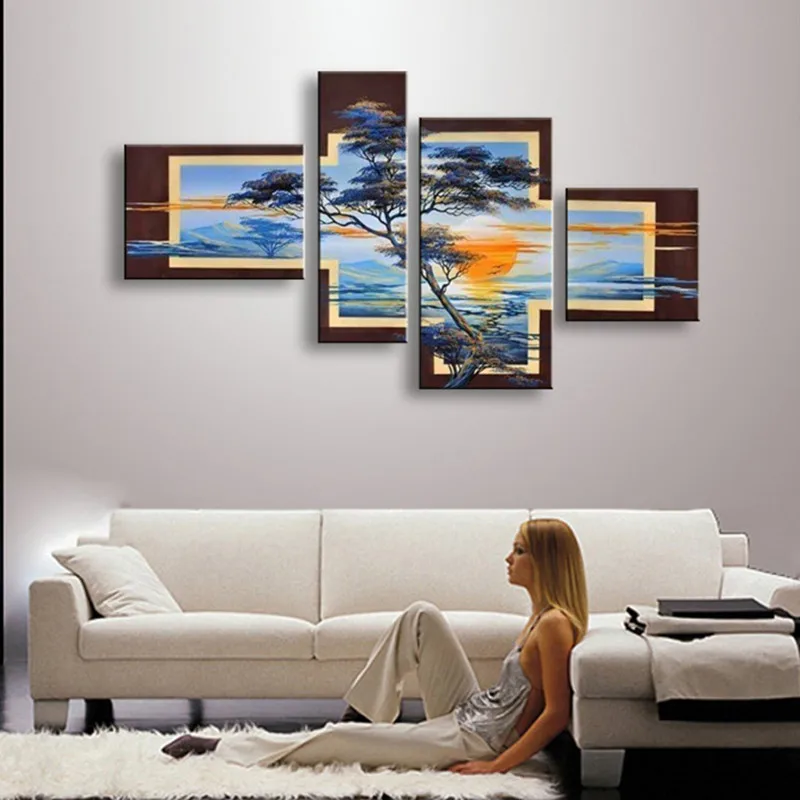 

Handpainted Abstract Trees Landscape Oil Paintings on Canvas Wall Blue Painting Picture Modern Home Art For Living Room 4 Piece