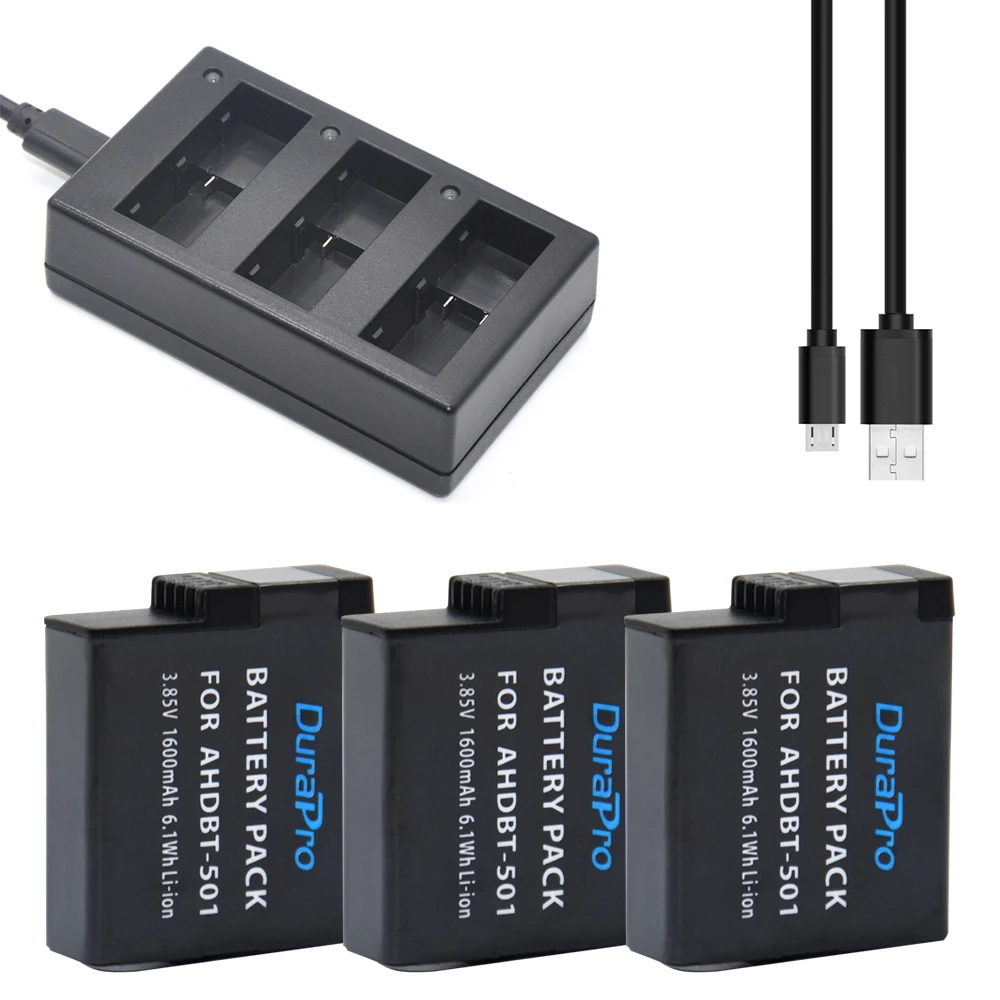 

DuraPro 3pc 1600mAh AHDBT-501 AHDBT501 Rechargeable Li-ion battery + 3-Channel USB Charger for Camera Gopro 5 Hero5 AHDBT 501