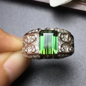 

Fine Jewelry Collection Real 18K White Gold AU750 100% Natural Green tourmaline Gemstone male Rings Brazil Origin for men Gift