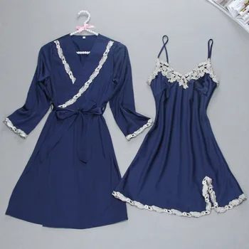 

Navy Blue Spring Sexy Robe Kimono Sleepwear Sleep Sets Womens 2pcs Strap Top Suit Casual Home Wear Pajamas Nightwear Bath Gown