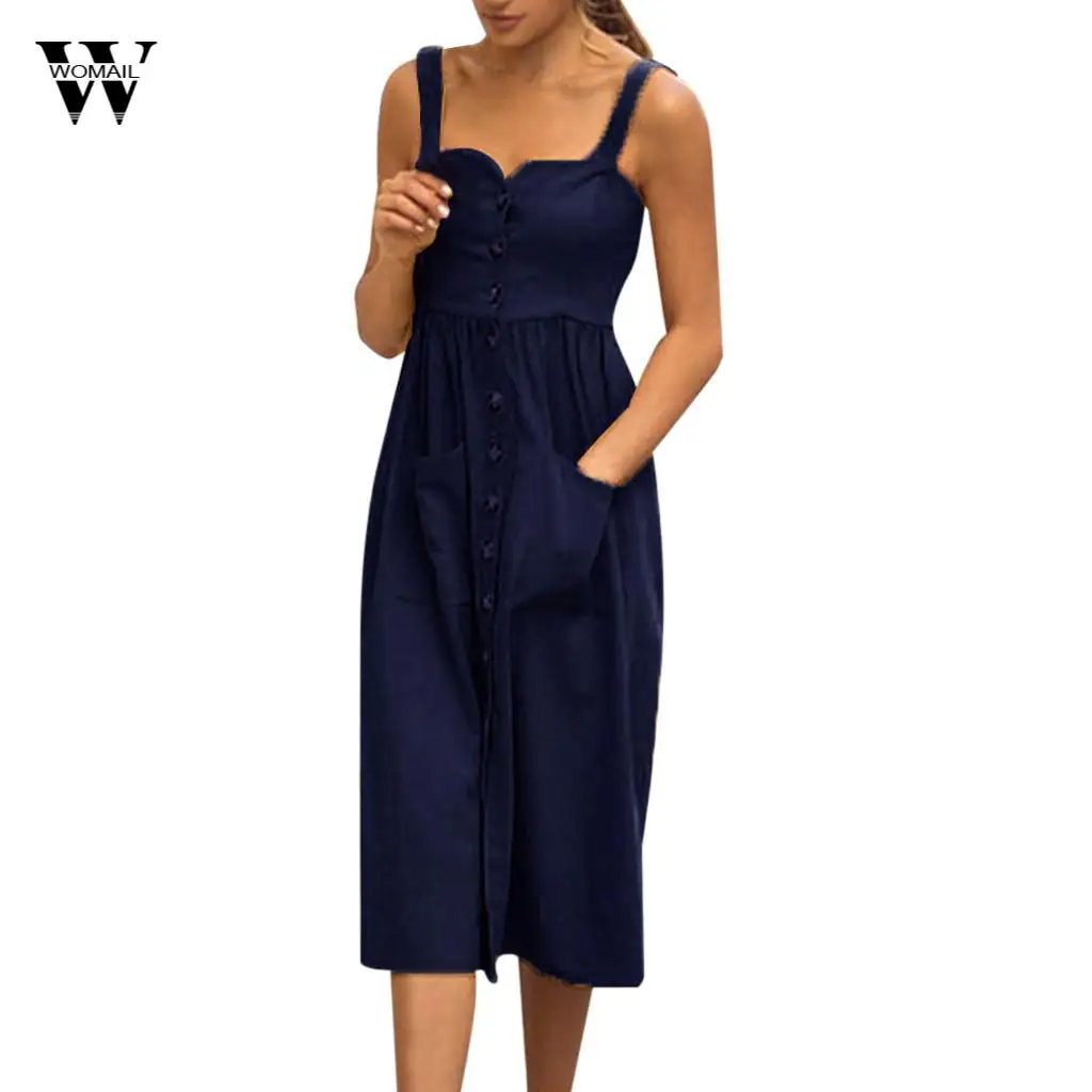 

Womail Fashion Women Spring And Summer Vintage Solid Color Dress Button Off Shoulder Dress With Pocket Ladies Dresses Casual M6