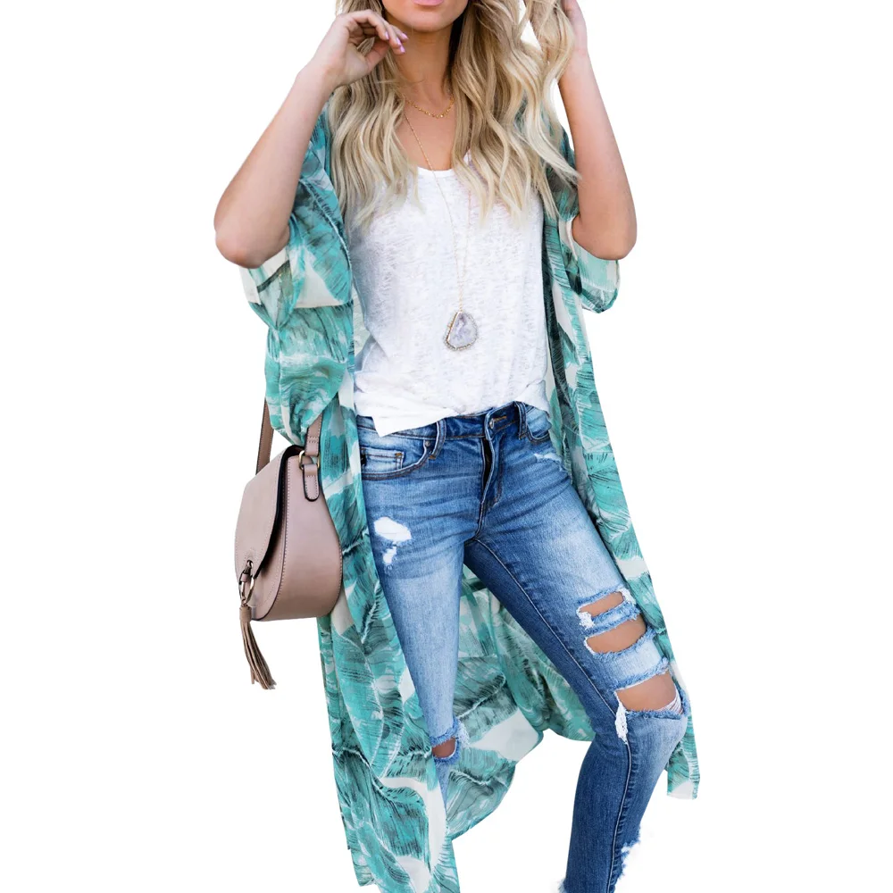 

long coat Women Summer 1/2 Raglan Sleeve Open Front Belt Decorated holiday beach tropical leisure boho print Chiffon Coat tops