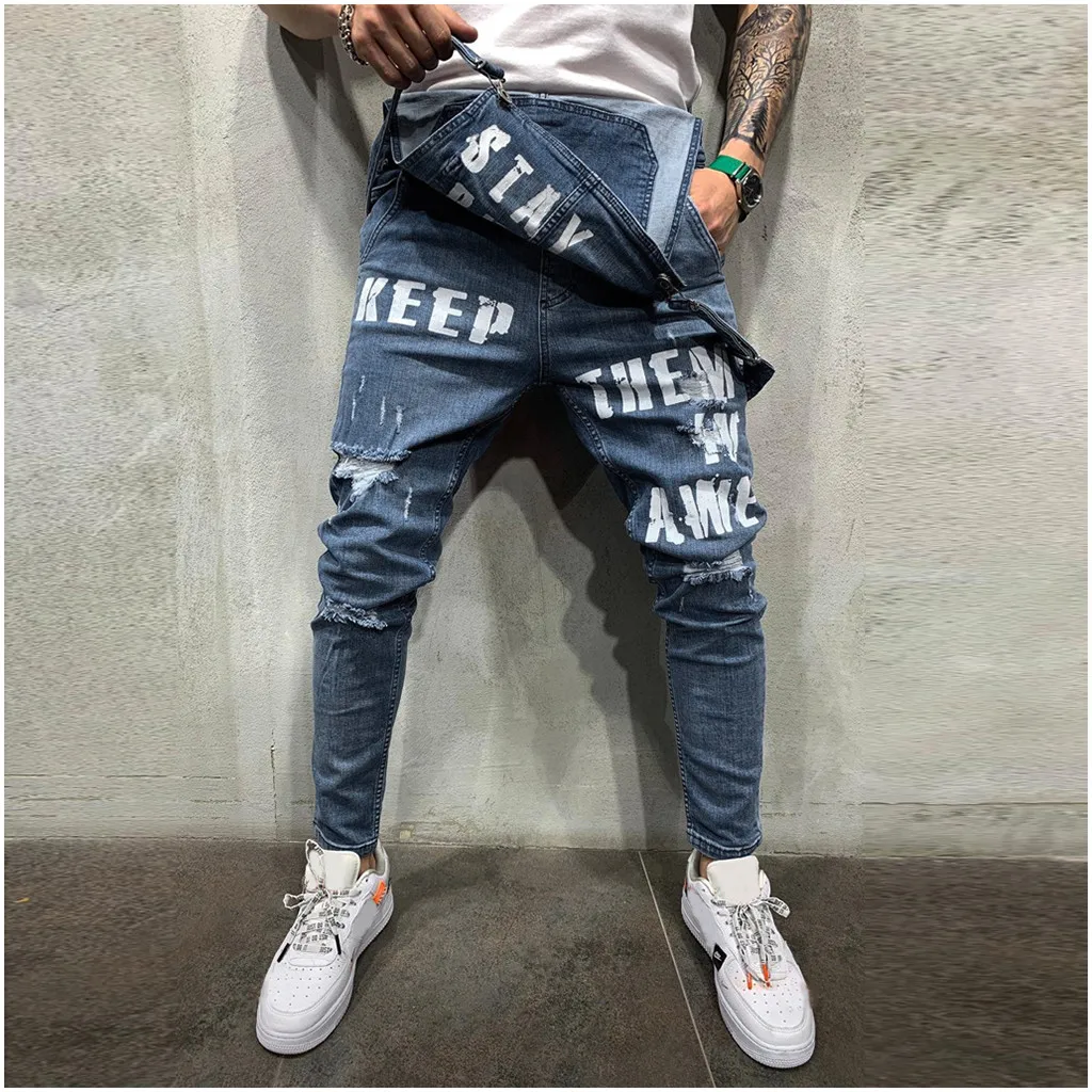 Men jumpsuit Men's Overall Casual pantalones hombre Jeans Wash Broken Pocket Trousers Suspender pantalon invierno hombre Pants