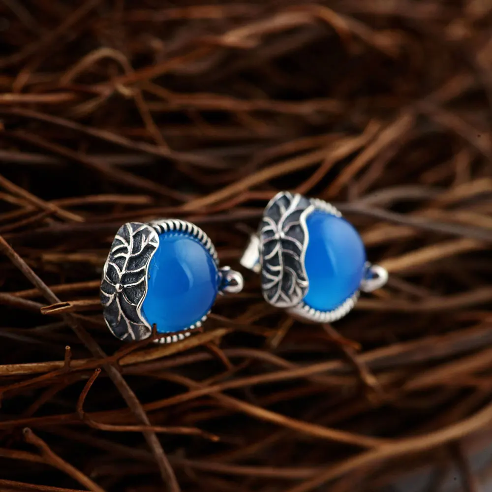 

925 Silver Stud Earrings for Women Jewelry Fashion Blue Chalcedony boucle d'oreille S925 Sterling Silver Leaf Earring