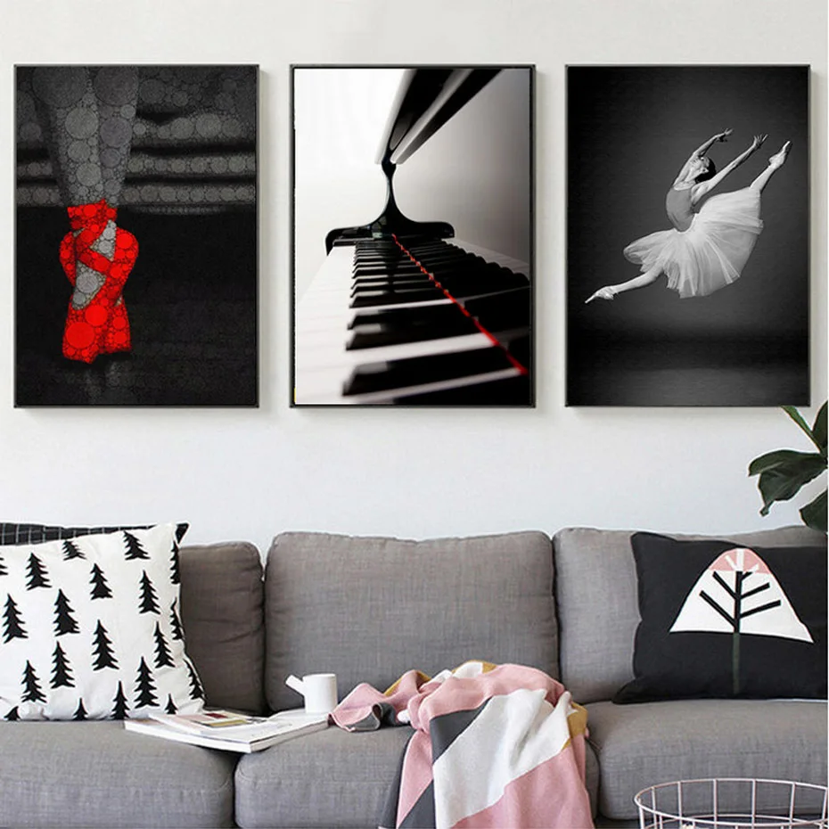 Modern-Black-And-White-Ballet-Dancer-Canvas-Paintings-Piano-Red-Shoes-Posters-Prints-Wall-Pictures-Living