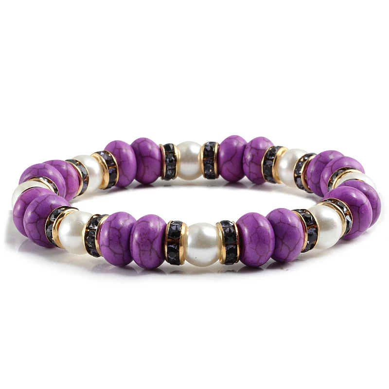 Charm Women Pink Beads Bracelets Pearl Natural Stone With Zircon Fashion Elastic Rope Strand Bracelet Handmade Yoga Jewelry Gift - Окраска металла: Purple Gold Purple