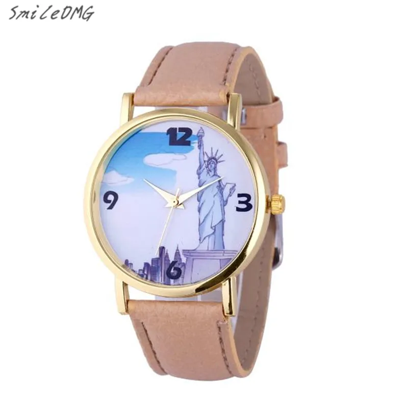 

SmileOMG Women Watch Pattern Statue of Liberty Stainless steel Dial Leather Band Fashion  Casual Ladies Wristwatch ,Oct 6