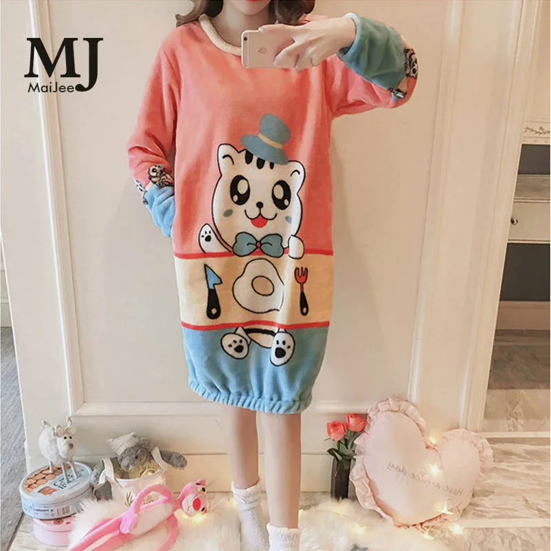 

MaiJee Flannel Night Dress Gecelik Sleepwear Nightgown Nightwear Sleepshirts Nightgowns Pyjamas Women Kigurumi Pijama Mujer