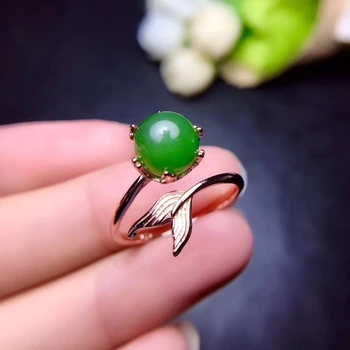 

Natural green jasper gem ring 925 Silver natural gemstone jade Opening ring Fashion Lovely goldfish girl Birthday Gift jewelry