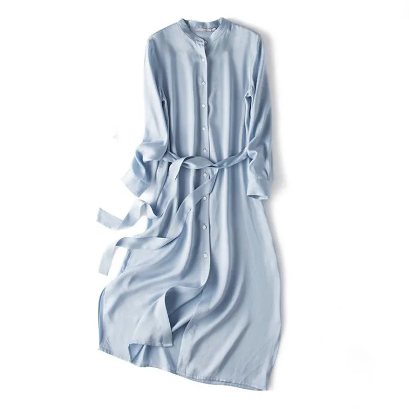 

Female Ol Spring Cardigan 100% Silk Dresses Woman Oversized Summer Thin Single-breasted Belt 100% Silk Dress Fall Robe Vestido