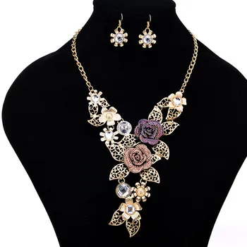 

Necklace Austrian para mujeres banquete Crystal grande Rosa Rose Flower Leaf Sets African Costume