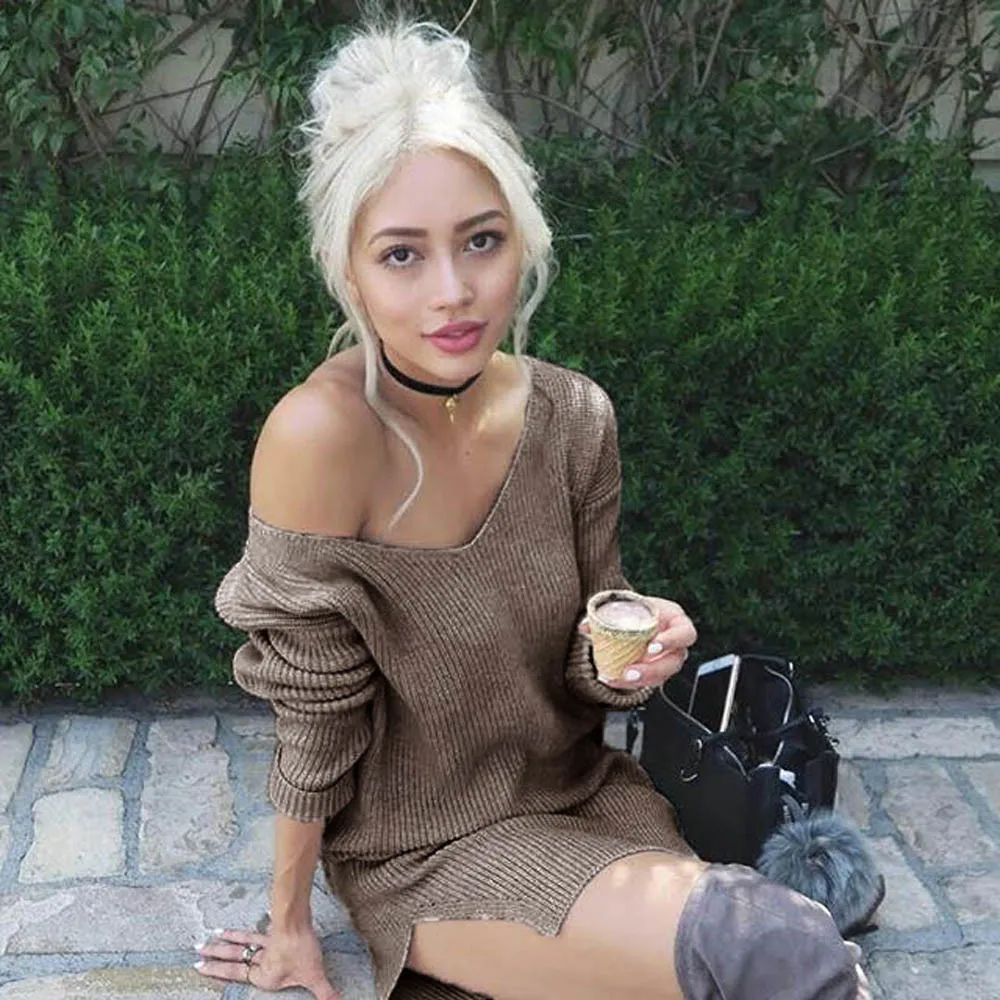 

Women Sexy Sweaters Dress Oversized Knitted Pullovers Autumn Coats V-neck Long Sleeve Thick Jumper Loose Tops Mujer Warm Knits