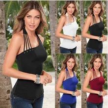 2019 New Women Button Hanging Neck Solid Black Slim Sexy Off Shoulder Vest Summer Backless Sleeveless Tank T-Shirt Top Open Back black sexy off shoulder back splited t shirt