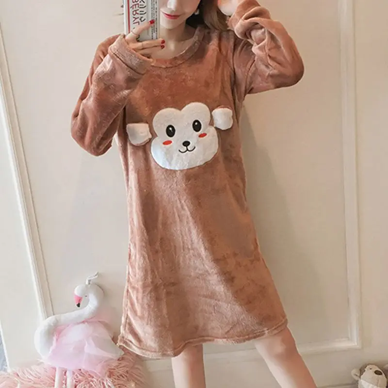 Женская зимняя плотная фланелевая ночная рубашка с длинным рукавом, милая Пижама с рисунком медведя из мультфильма, милая Студенческая ночная рубашка до колен D25