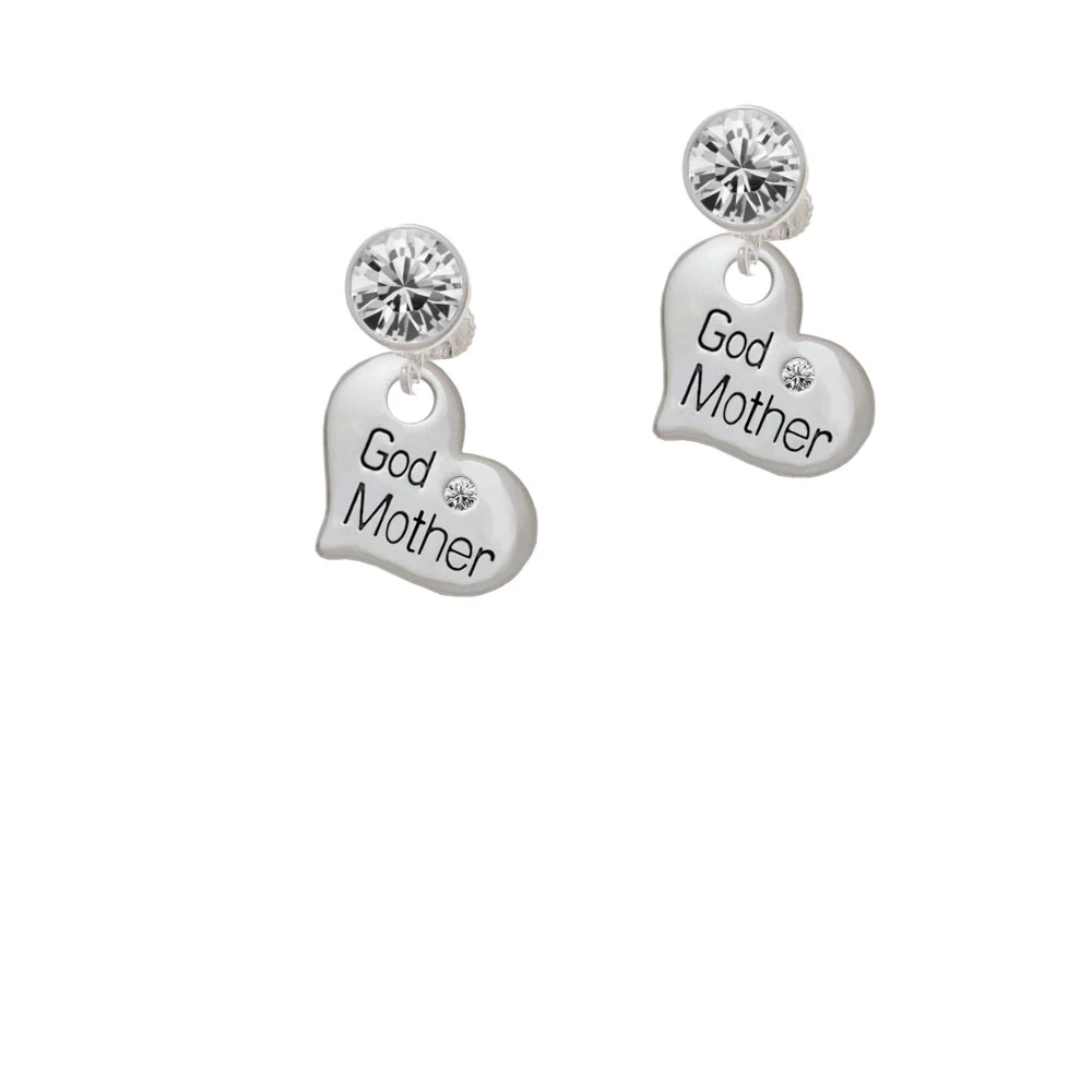 Large ''Godmother'' Heart with Clear Crystal Crystal Clip On Earrings (1)