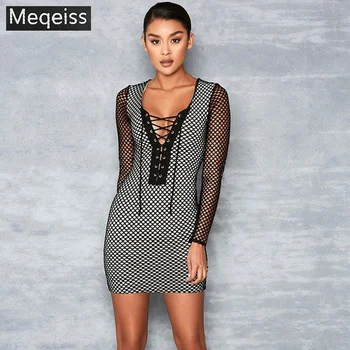 

MEQEISS New Women Sexy Long Sleeve Lacing Bandage Dress 2018 Knitted Elegant Designer Party Dress