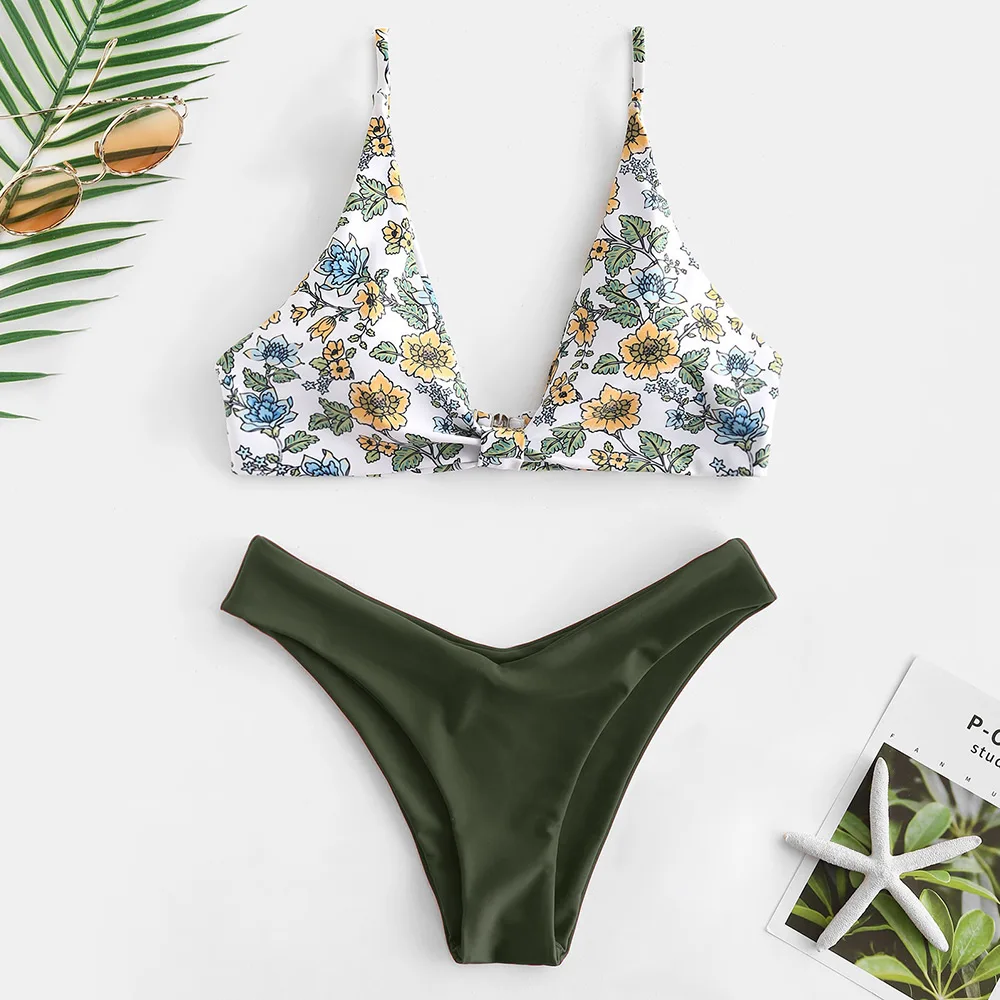 ZAFUL Бикини Push Up Цветочный комплект из бикини с глубоким вырезом Prairie Chic Купальный костюм Пляжный повседневный купальный костюм
