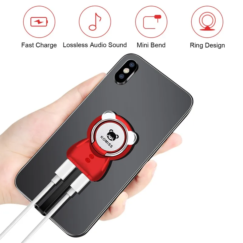 

For Dual Lightning Ring Holder Adapter Charging + Earphone Jack Connector For iPhone X XS XR 8 7 6