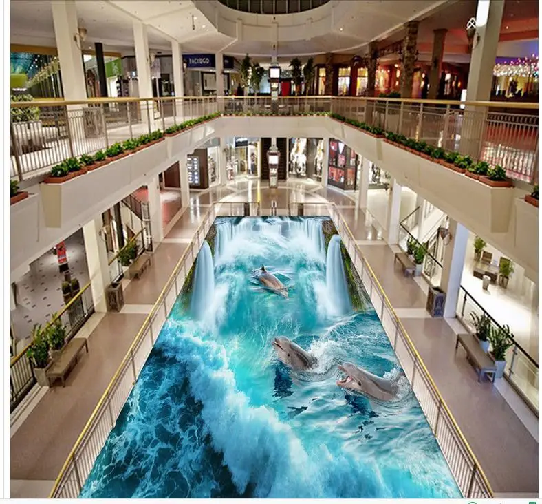 3D обои с рисунком пола водопад Дельфин|3d flooring|wallpaper 3d floormural wallpaper |