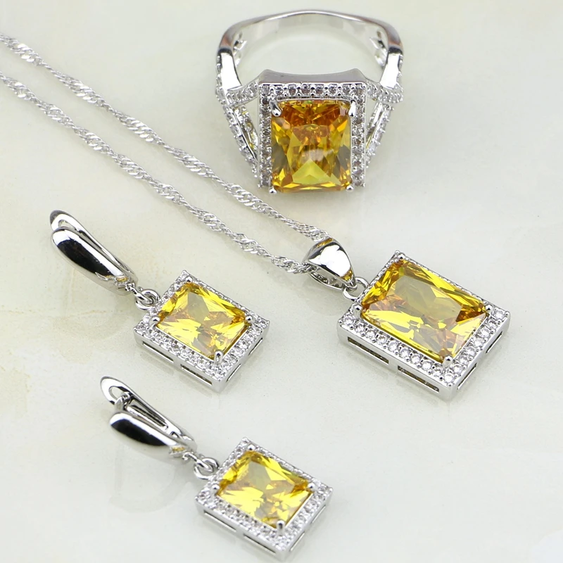 

Square 925 Sterling Silver Jewelry Yellow Cubic Zirconia White CZ Jewelry Sets For Women Wedding Earring/Pendant/Necklace/Ring