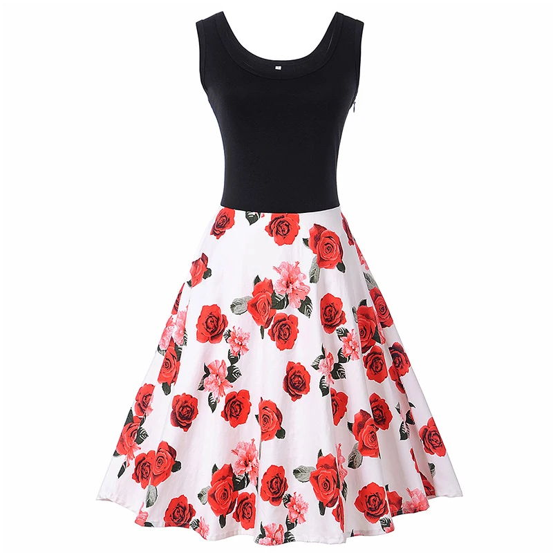 Kostlish Tank Summer Dress Women Sleeveless Patchwork Print Vintage Dress 2017 Elegant Swing Rockabilly Party Dresses Sundress (5)