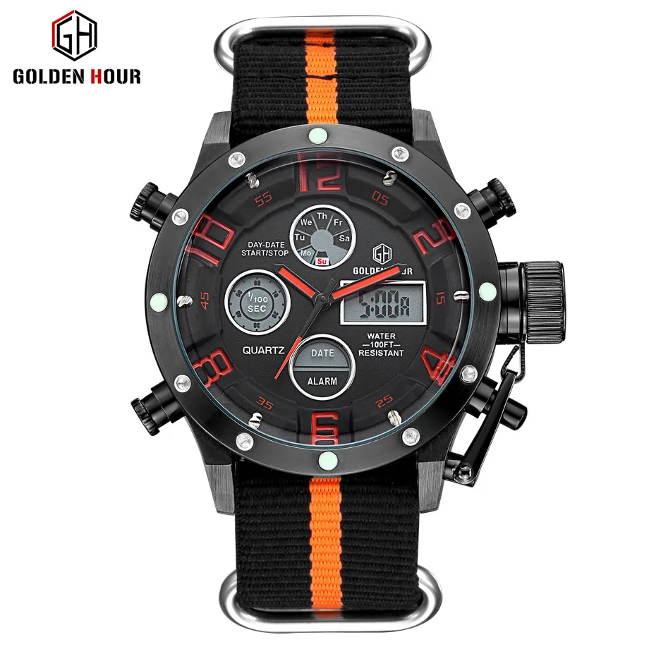 Топ люксовый бренд Мужские кварцевые аналоговые цифровые часы мужские модные повседневные спортивные светодиодные брезентовые повседневные часы военные наручные часы подарок