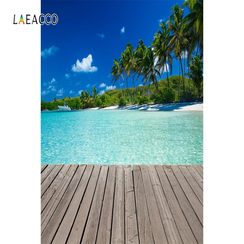 

Laeacco Wooden Board Palm Tree Sea Backdrop Summer Photography Backgrounds Customized Photographic Backdrops For Photo Studio