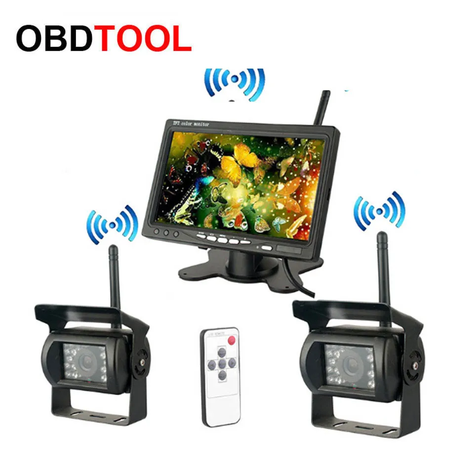 

New 2.4G Wireless Dual Rear View Backup Reversing Cameras Waterproof IR Rearview Camera 7" Monitor Kit for RV Truck Trailer Bus
