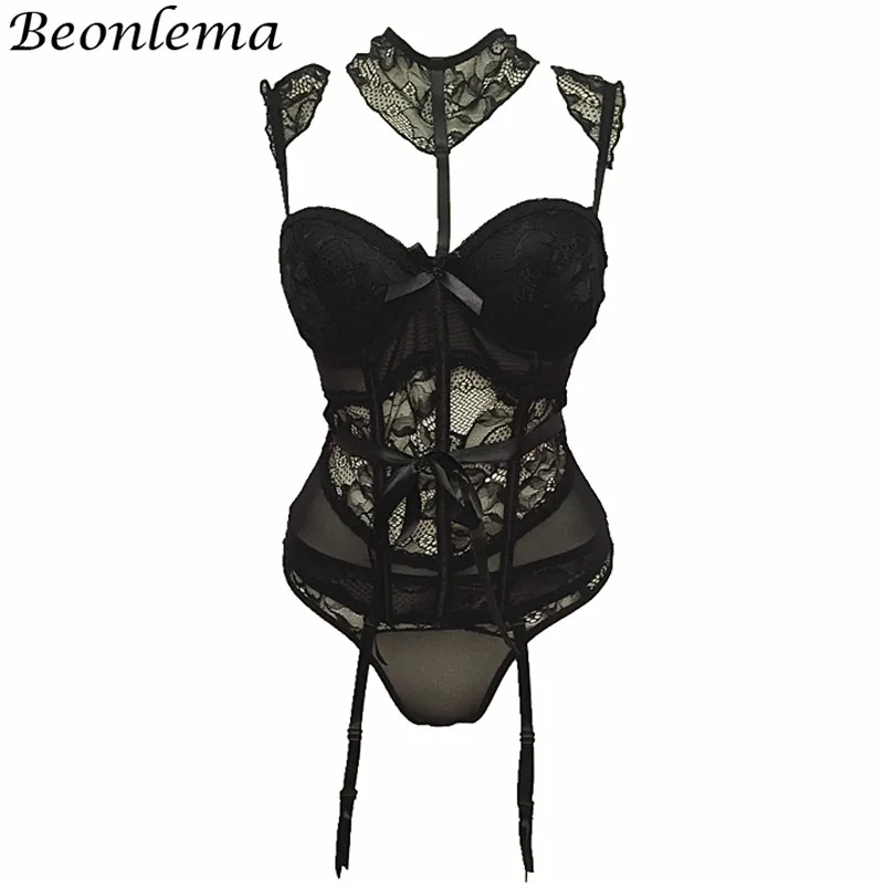 BEONLEMA See through Red Hot Lingerie Corset Bra Belt Sexy Floral Lace Bustiers Charming Strappy Transparent Underwear Women