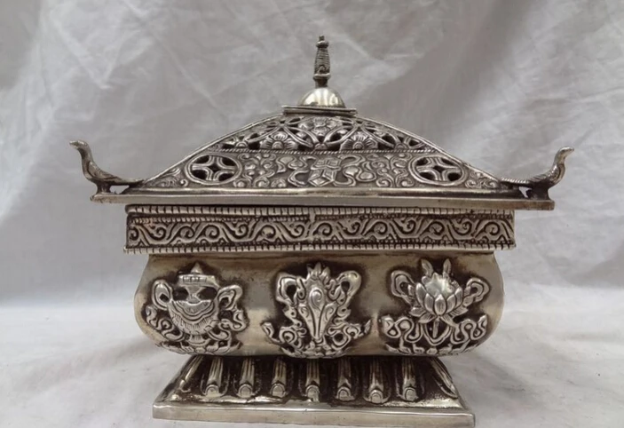 

song voge gem S5315 8" Chinese Silver 8 Auspicious Symbol Tibet Square Statue Incense Burner Censer