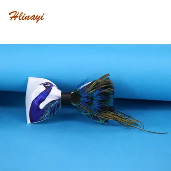 

Hlinayi 2019 Natural blue peacock feather nightclub wedding groom bao tie male wedding feather bow tie