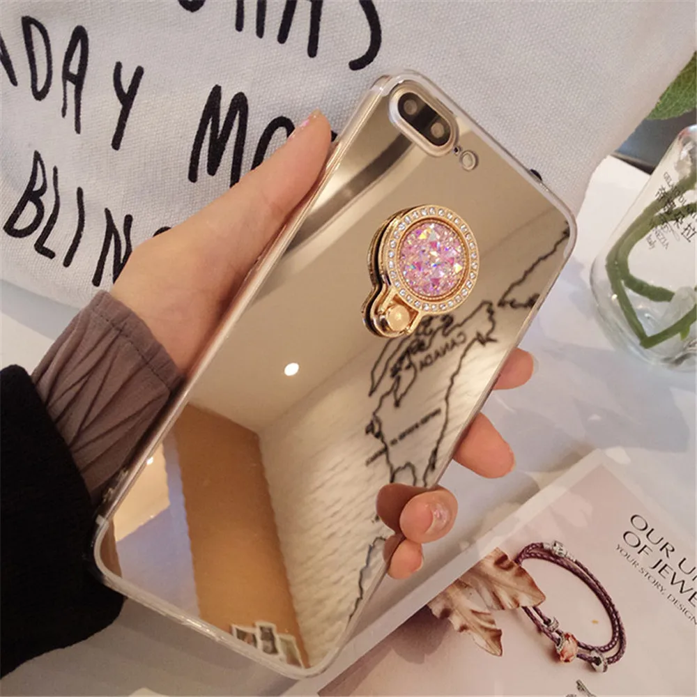 

Slim Ultra Thin Soft TPU Plating Mirror Case Cover for LG V30 G7 ThinQ 360 Degree Rotation Bear Circle Clock Finger Ring Stand