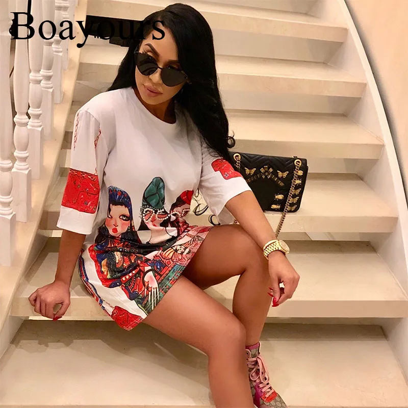 Boayours 2018 весна девушки футболка с принтом платье Для женщин свободные короткий