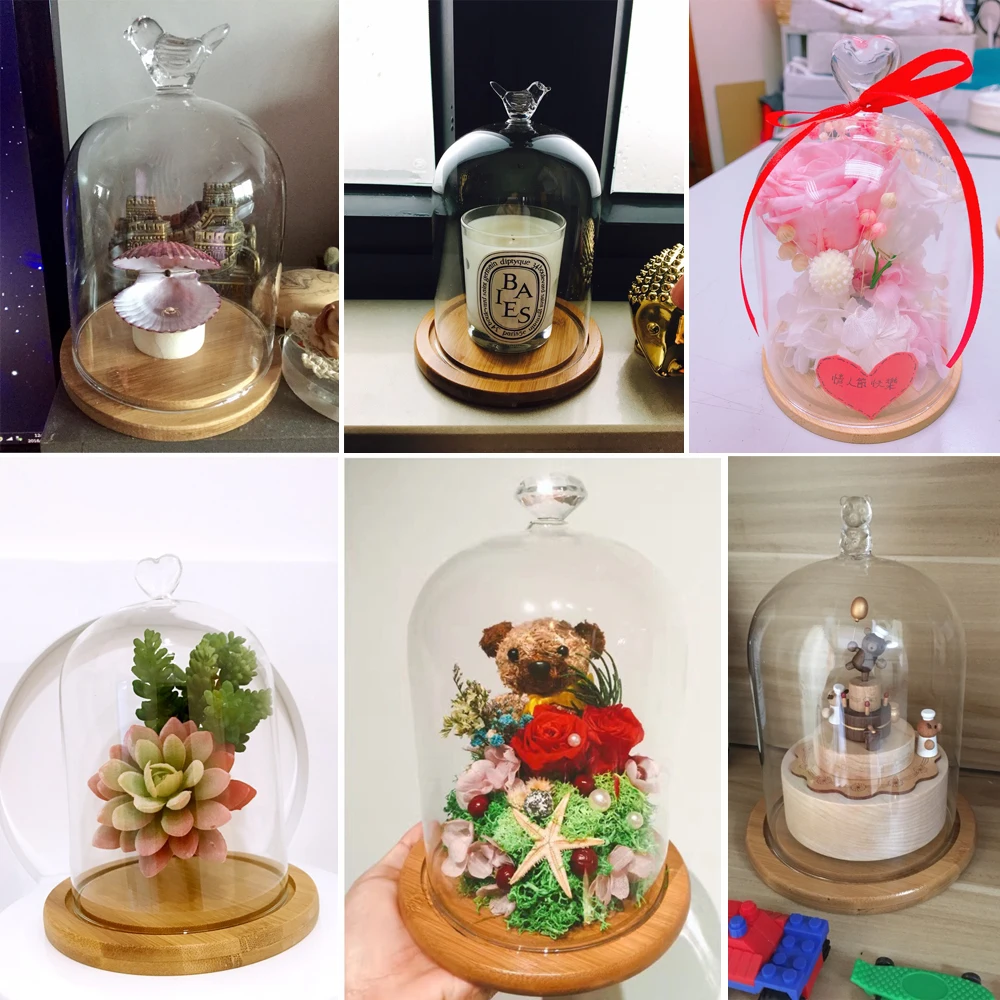 12pcs Glass Doll Dome With Bamboo Base For Wedding Party