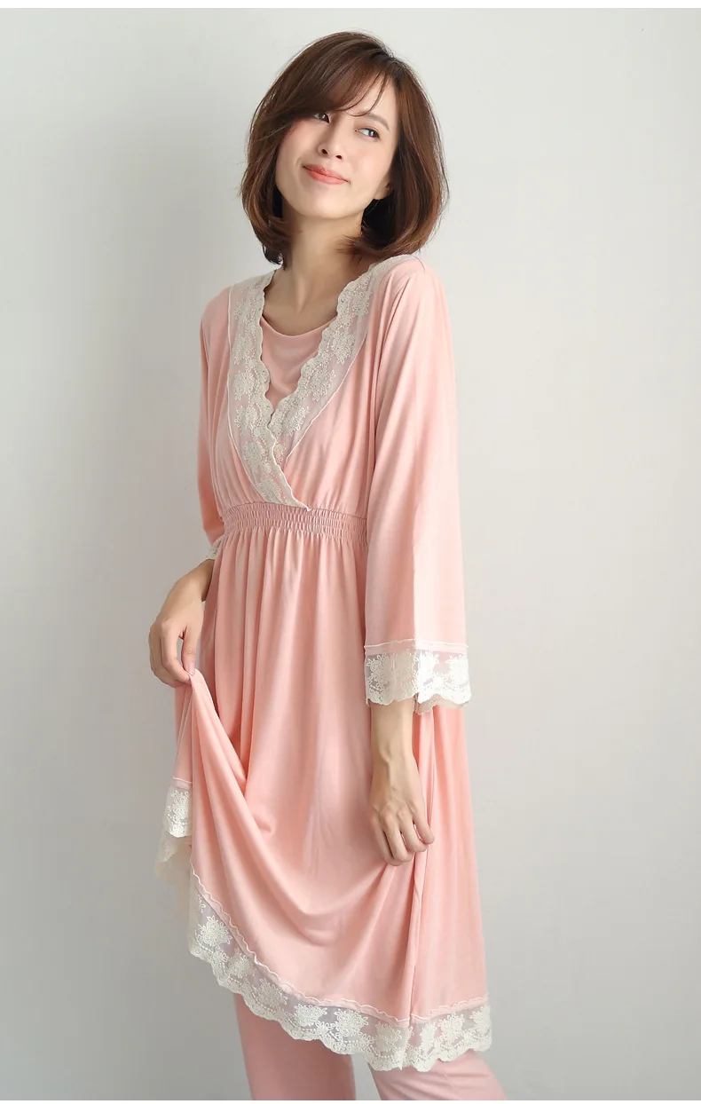 2 Pieces Sexy Lace Maternity Pajamas for Pregnant Women Long Sleeves Nursing Sleepwear Breastfeeding Pajamas Maternity Clothes