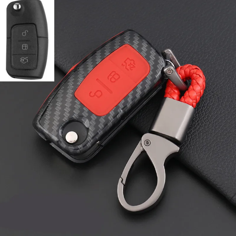 ABS-Carbon-Fiber-Shell-Silicone-Cover-Remote-Key-Holder-Fob-Case-KeyChain-For-Ford-Ecosport-Fiesta
