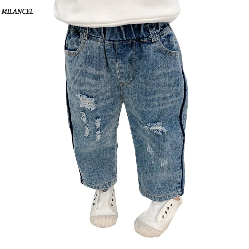 

MILANCEL 2019 Spring New Kids Jeans Solid Boys Jeans Rip Denim Pants for Girls Loose Style Girls Jeans Solid Boys Trousers