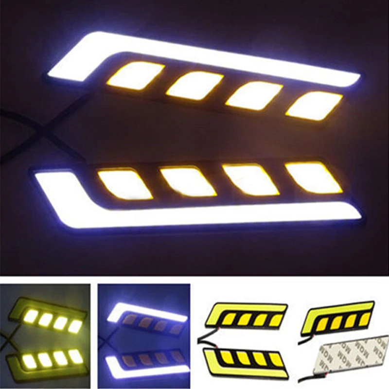 2pcs/set White+Amber COB LED Car DRL Daytime Running Light Fog Driving Lamp