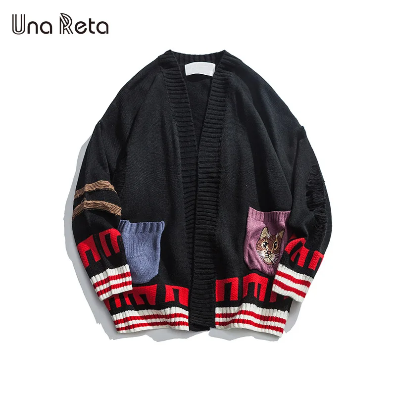 

Una Reta Men's Sweater New Autumn Fashion Stitching Color knitted Cardigan Men Casual Street Style Loose Sweaters