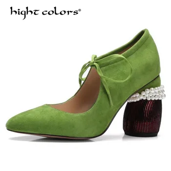 

Spring New 2019 Women Shoes Pumps Kid Suede Kid Suede Casual Fashion Med Heel Lace-Up Pointed Toe Shallow String Bead Pearl D319