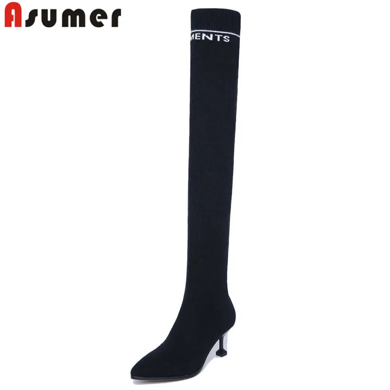 

ASUMER black fashion over the knee boots pointed toe high heels shoes knitting Elastic boots elegant prom boots women 2018 new